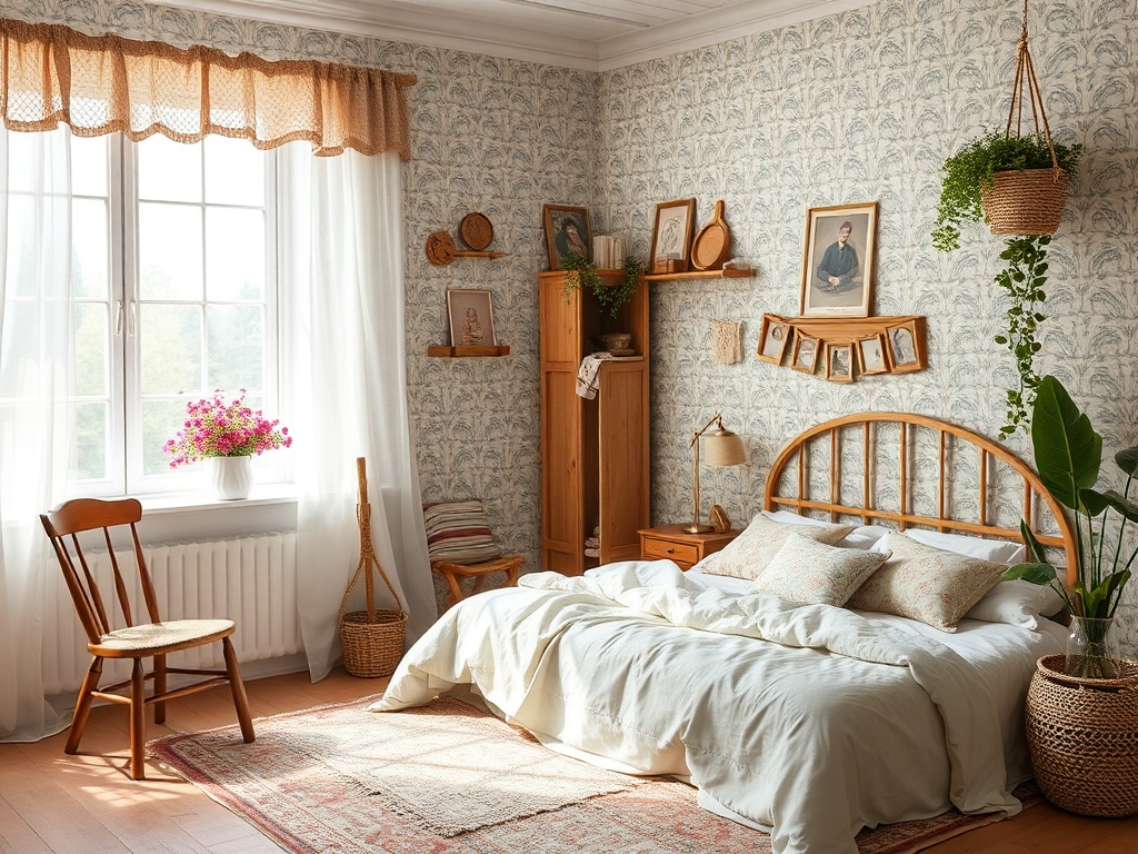 Уютная спальня с кроватью, растениями, фотографиями на стене и уютным освещением.