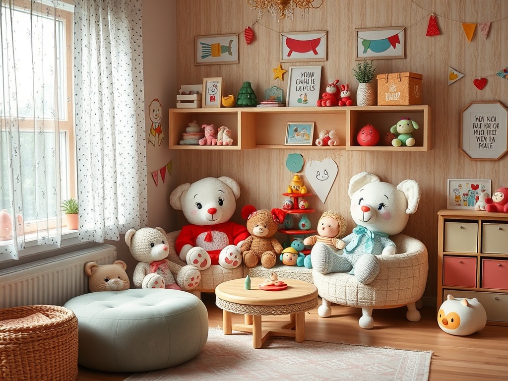 Уютная детская комната с мягкими игрушками, диванами и яркими украшениями на стенах. Светлая и игривая атмосфера.