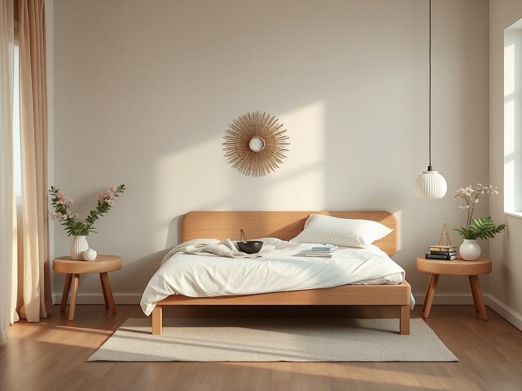 Современная спальня с деревянной мебелью, светлыми шторами и акцентами из зелени и декора.