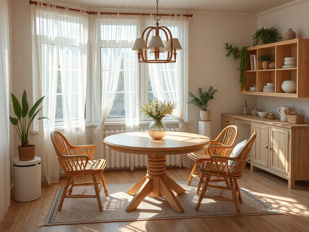 Светлая кухня с деревянным столом и стульями, зелеными растениями и уютной атмосферой.