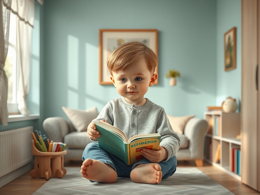 Маленький мальчик сидит на ковре и читает книгу в светлой комнате. Уютная атмосфера.