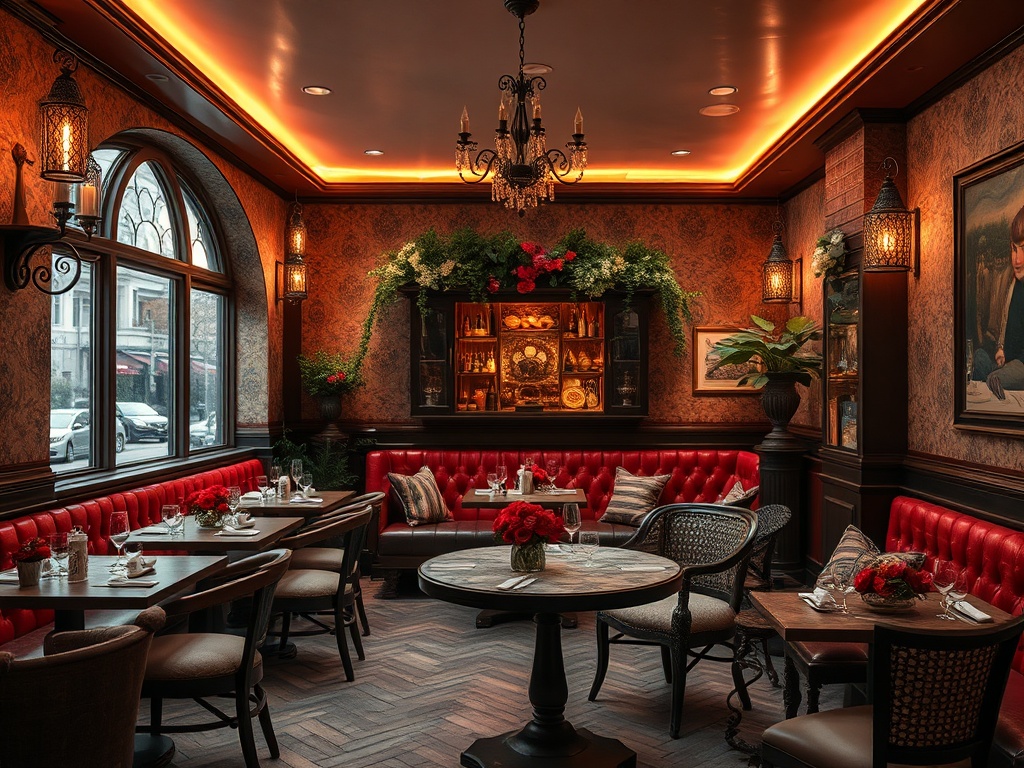 Уютный ресторан с красными диванами, деревянными столами и элегантным освещением. Написаны цветы и зеркала.