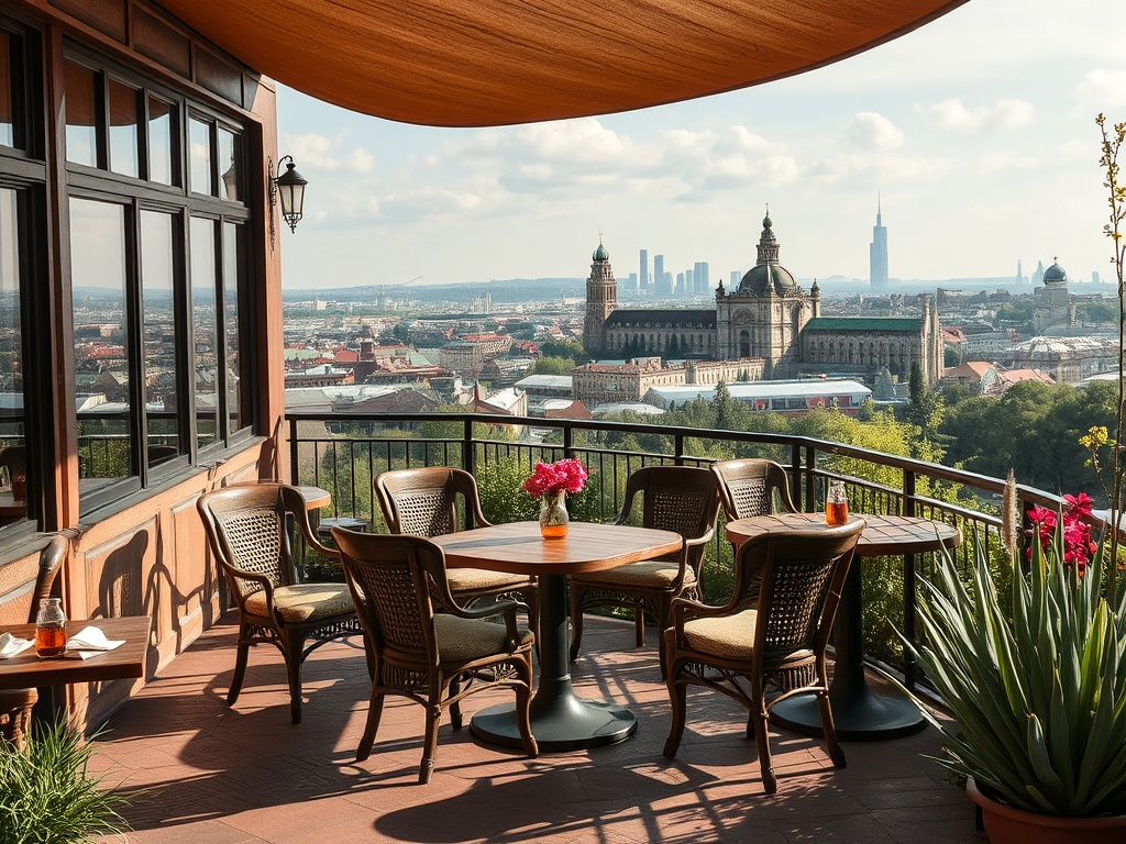 Терраса ресторана с видами на город, столы, стулья и цветы на фоне зданий и неба.